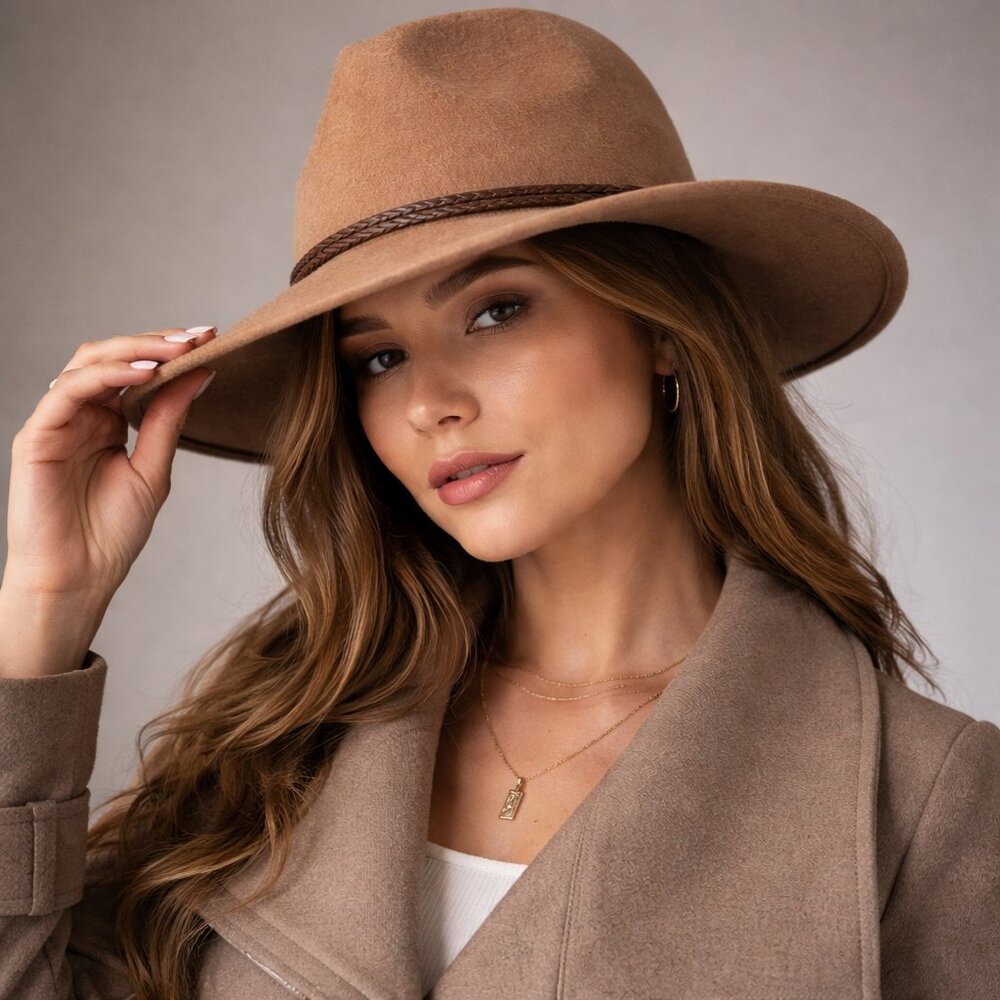 Olive & Pique Camel Wide Brim Fedora Hat Boho Fall